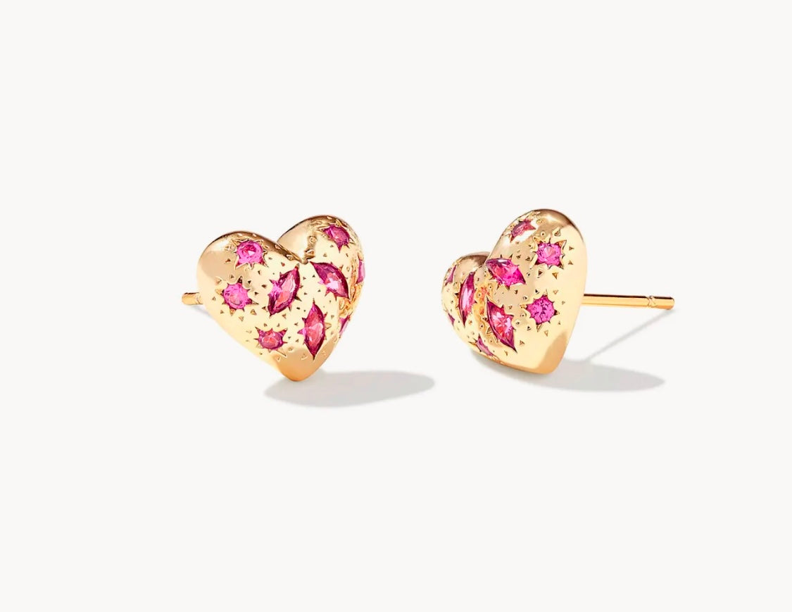 Holland Gold Heart Stud Earrings in Pink Crystal