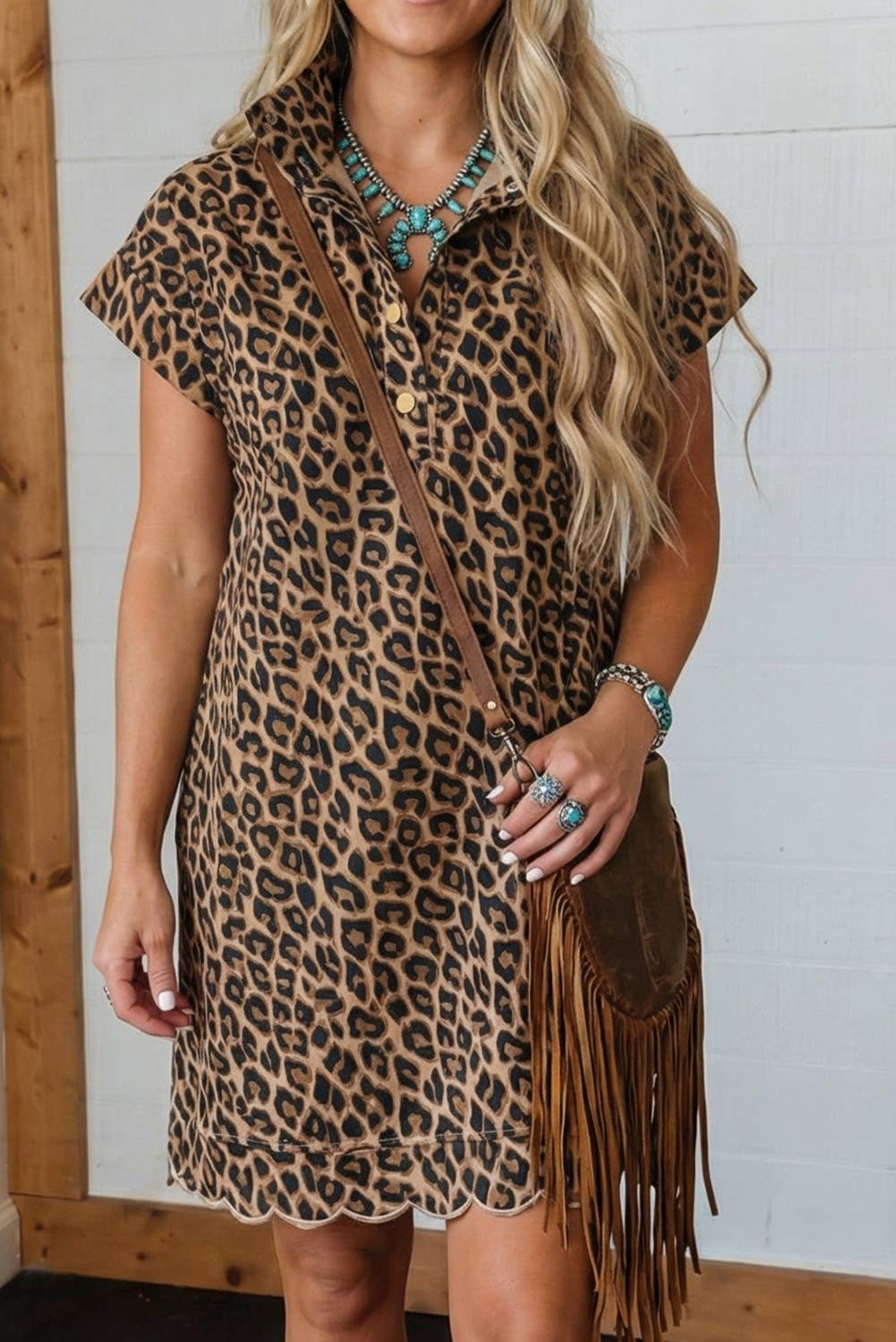 Western Buttoned Shift Leopard Dress with Pockets