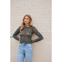 Load image into Gallery viewer, RHINESTONED SHEER MESH TOP WITH RUCHING DETAILS