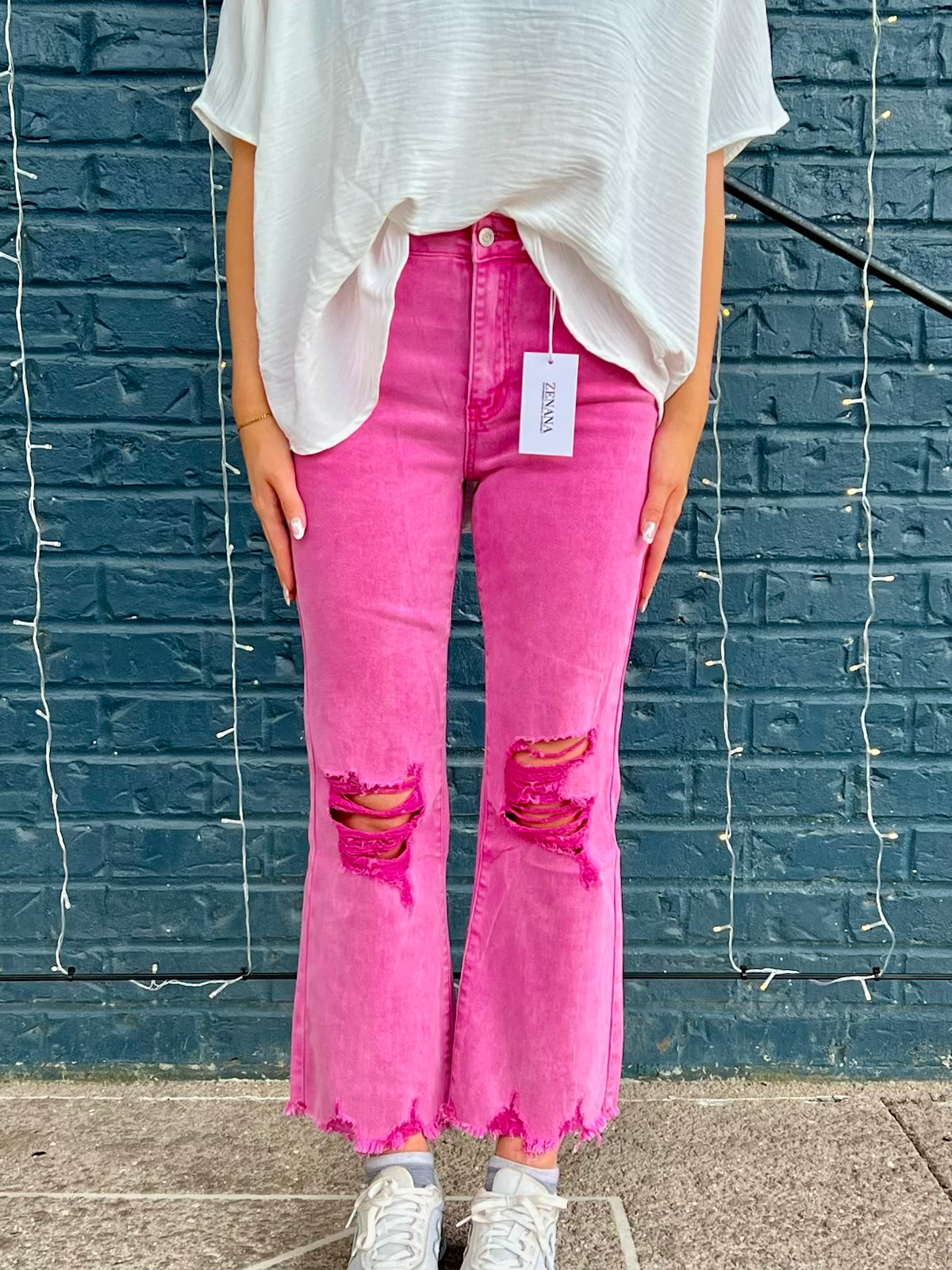 ACID WASHED HIGH WAIST DISTRESSED STRAIGHT PANTS