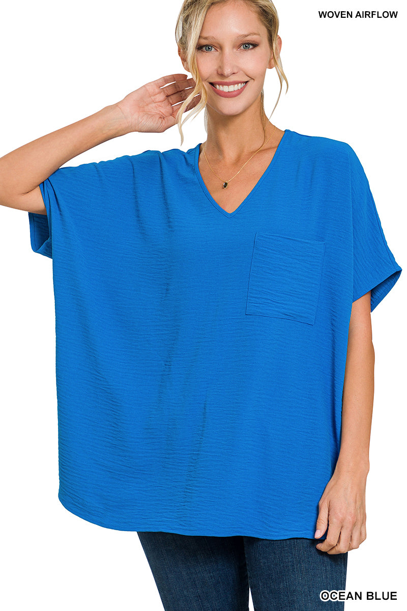 WOVEN AIRFLOW V-NECK DOLMAN SHORT SLEEVE POCKET TOP