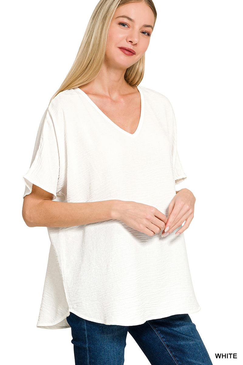 CROPPED WOVEN AIRFLOW V-NECK SHORT SLEEVE TOP