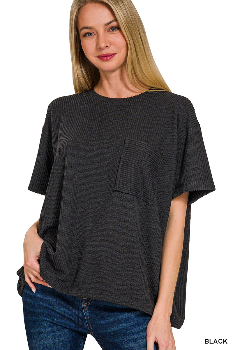 RAISED RIB SHORT SLEEVE FRONT POCKET TOP
