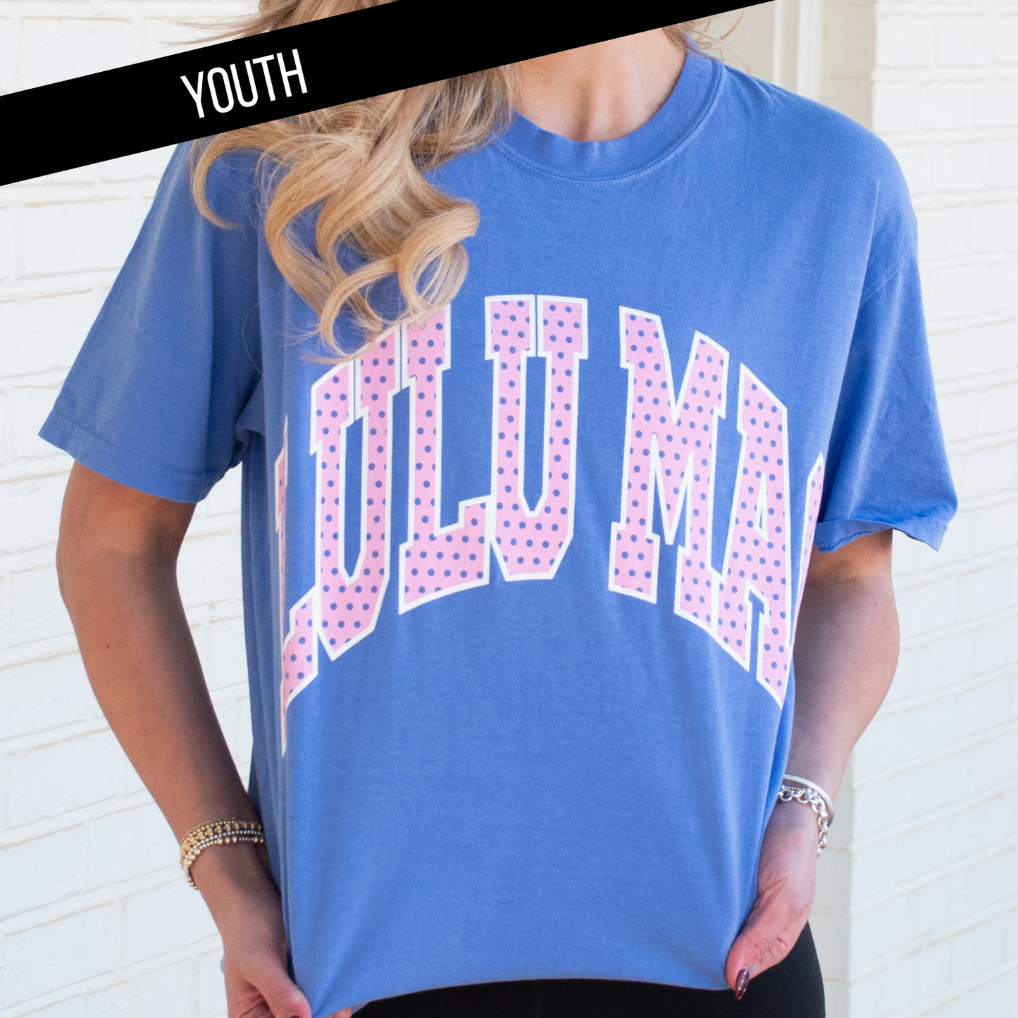 Lulu Mac Polka Dot Flo Blue Youth Comfort Colors Tee