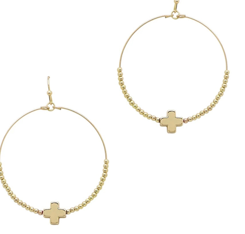 Gold Hoop Square Cross Earrings