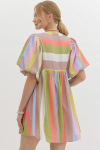 Rainbow Bubble Sleeve Babydoll Dress