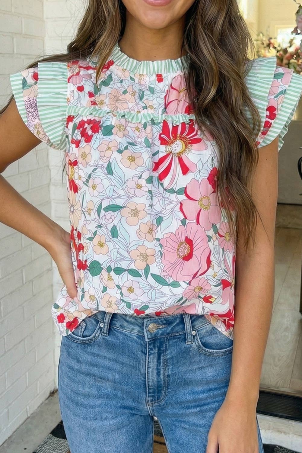 Floral Print Contrast Ruffle Trim Top