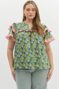 Curvy Floral V Neck Ruffle Sleeve Top