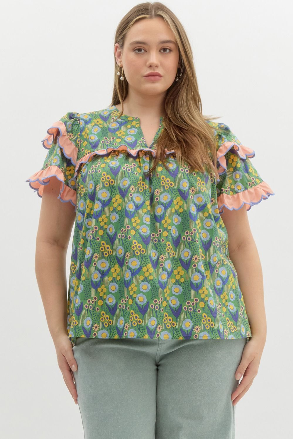 Curvy Floral V Neck Ruffle Sleeve Top