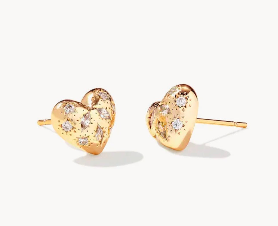 Holland Gold Heart Stud Earrings in White Crystal
