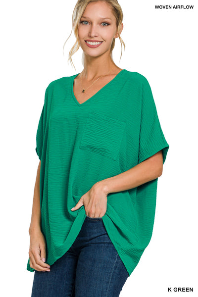 WOVEN AIRFLOW V-NECK DOLMAN SHORT SLEEVE POCKET TOP