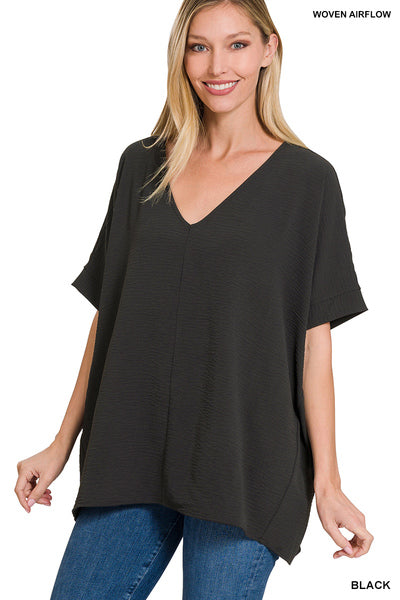 WOVEN AIRFLOW V-NECK DOLMAN SHORT SLEEVE TOP