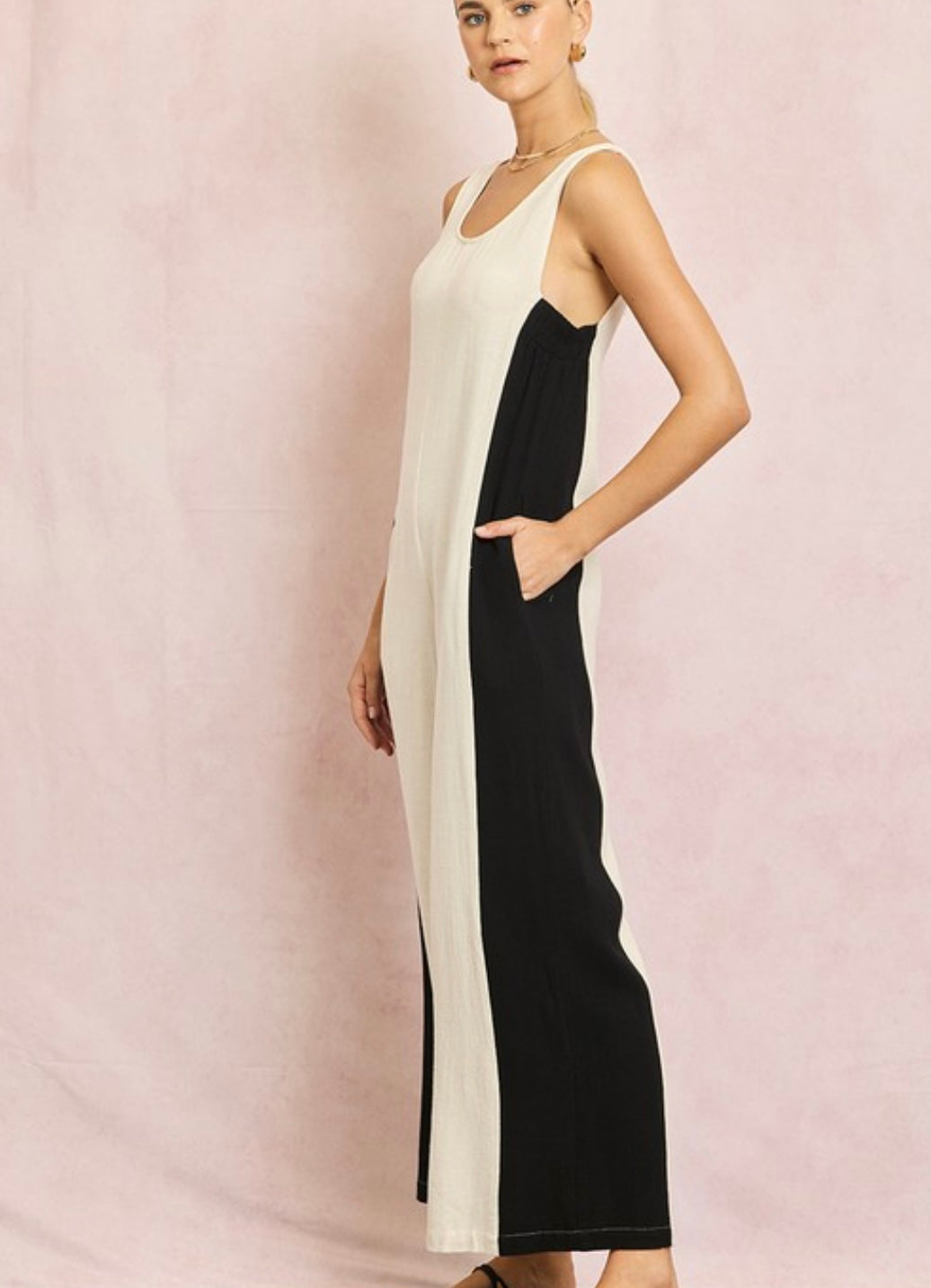 Linen Contrast Side Jumpsuit