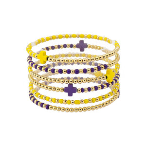 What's Hot - Gameday Set of 6 Yellow and Purple Beaded Stretch Bracelets, Very Popular!