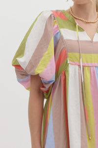 Rainbow Bubble Sleeve Babydoll Dress