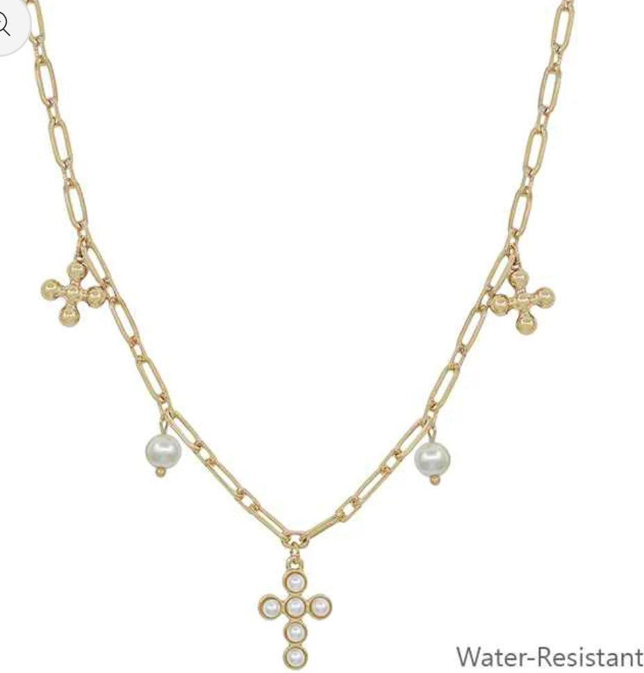 Water Resistant Gold Pearl Cross and Pearl Charm 16