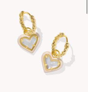 Ari Heart Gold Enamel Frame Huggie Earrings in Ivory Mother-of-Pearl