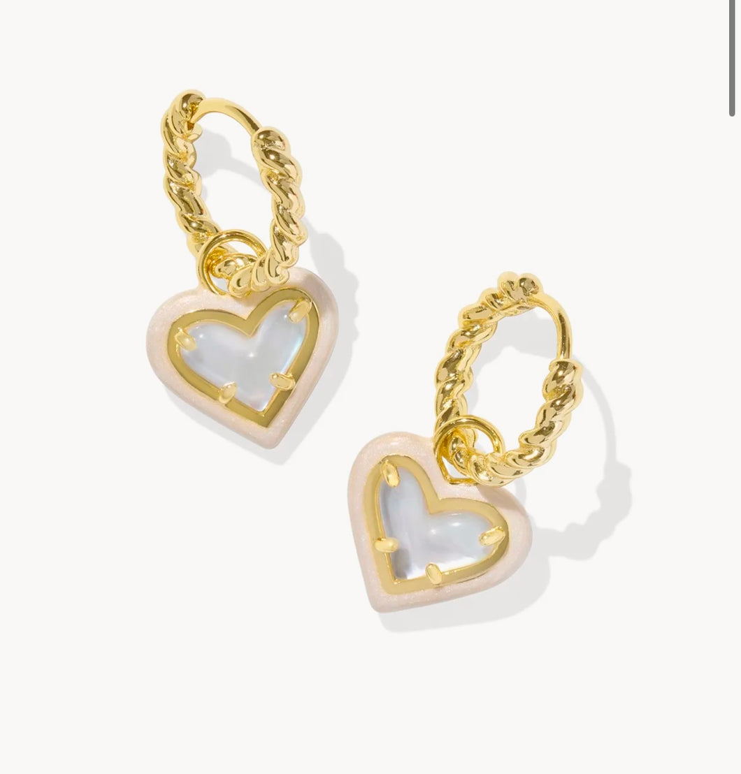 Ari Heart Gold Enamel Frame Huggie Earrings in Ivory Mother-of-Pearl