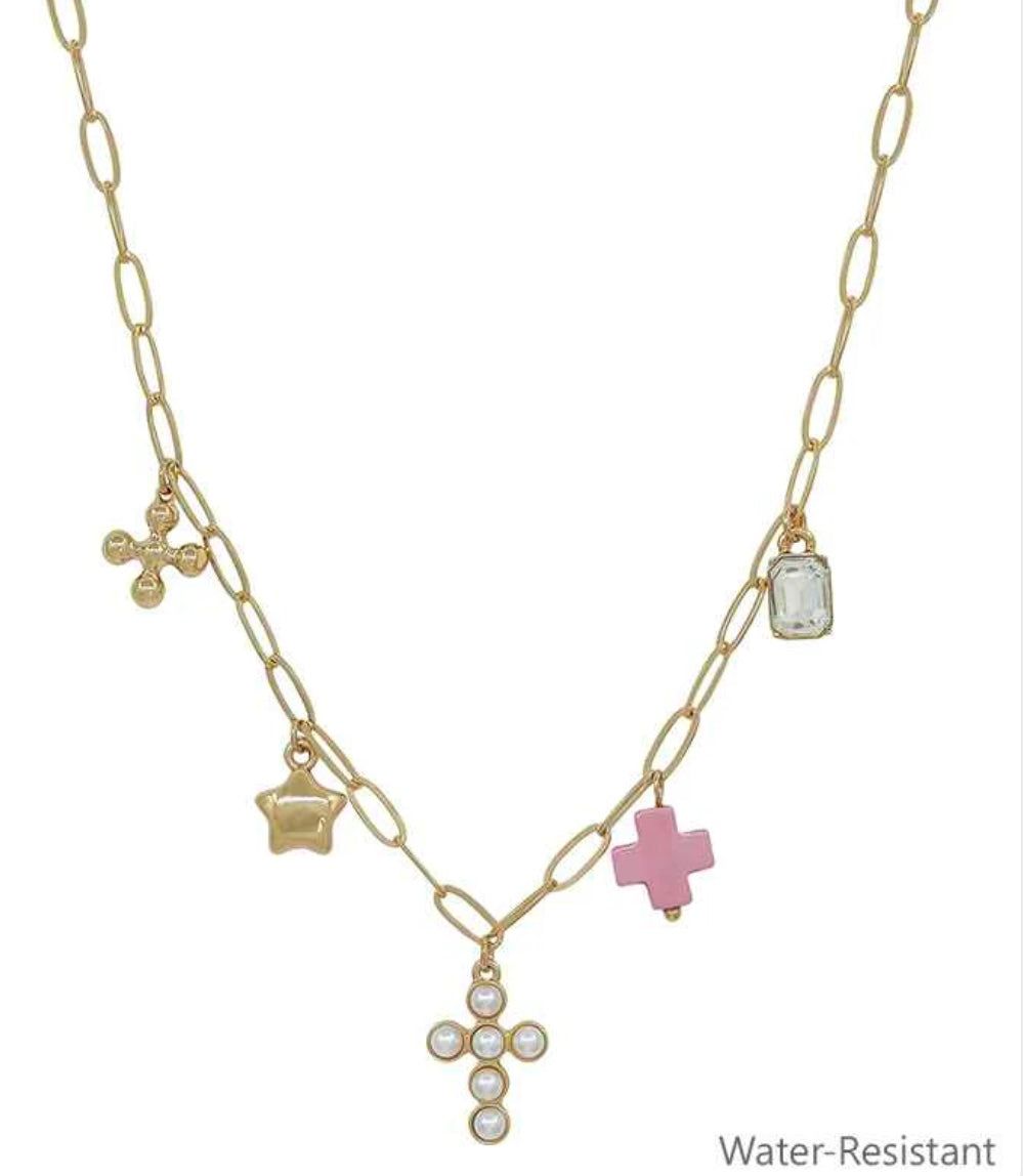 Water Resistant Gold Chain with Pearl Beaded Cross, Pink Cross, Star Charm 16