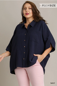 Curvy Bell Short Sleeve Button Up Top