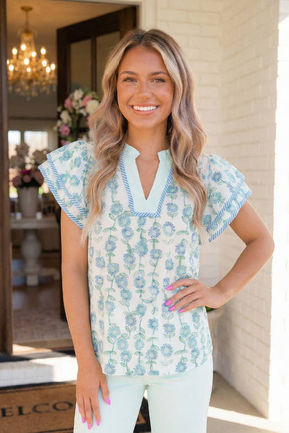 LA Society - LAS Floral Print Striped Contrast Patchwork Blouse (S-XL)