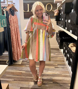 Rainbow Bubble Sleeve Babydoll Dress