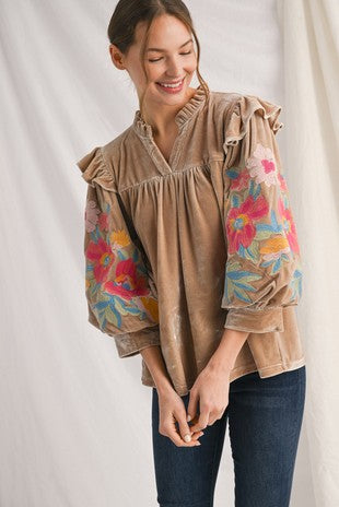 Embroidery Accent Velvet Top