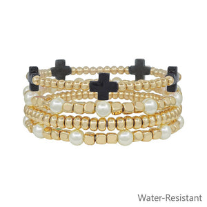 What's Hot - Water Resistant Set of 4 Gold and Pearl Textured Beaded and Black Crosses Stretch Bracelets