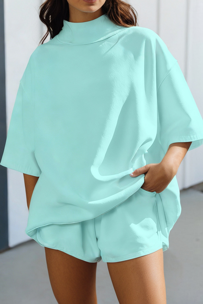 Solid Oversized Mock Tee & Shorts Set