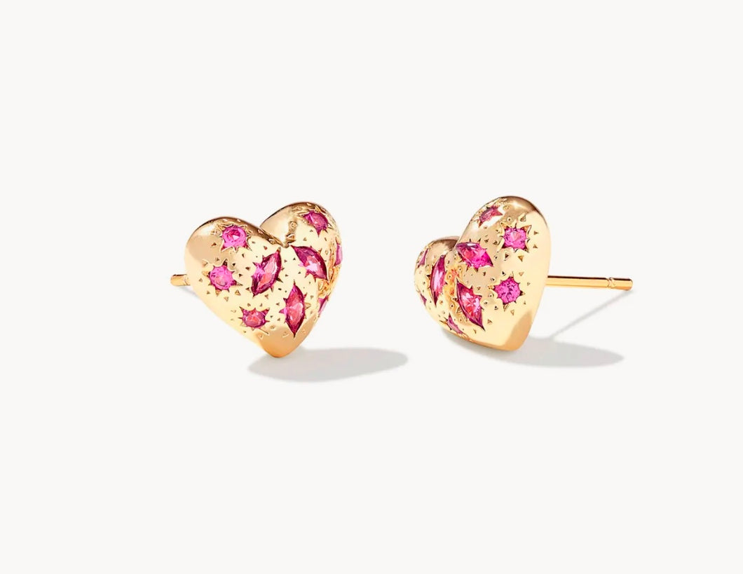 Holland Gold Heart Stud Earrings in Pink Crystal