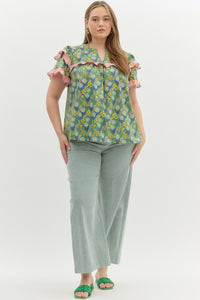 Curvy Floral V Neck Ruffle Sleeve Top