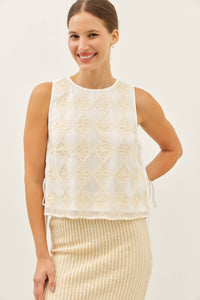 FLORAL APPLIQUE TOP WITH SIDE BOW TIE DETAIL