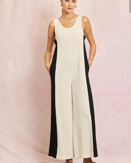 Linen Contrast Side Jumpsuit