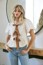 Load image into Gallery viewer, BUBBLE BABYDOLL BLOUSE WITH TEXTURED FABRIC AND CONTRAST BOW
