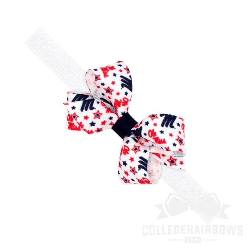 CollegeHairBows.com - Ole Miss Mini Signature Logo Print Grosgrain Hair Bow on Elastic Baby Band