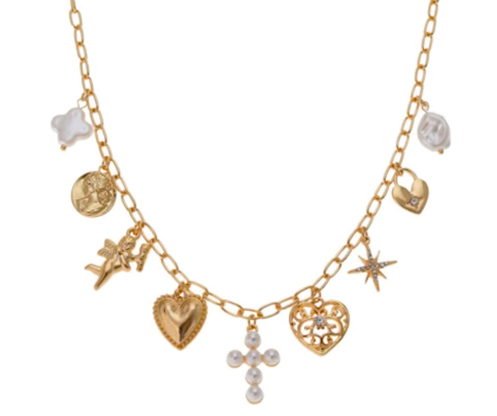 Gold Chain with Pearl Cross, Hearts, and Starburst Charm 16