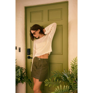 BELL-SLEEVED COTTON SWEATER WITH SCALLOP HEM AND BOAT NECK