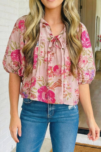 Floral Print Tie Neck Puff Sleeve Top