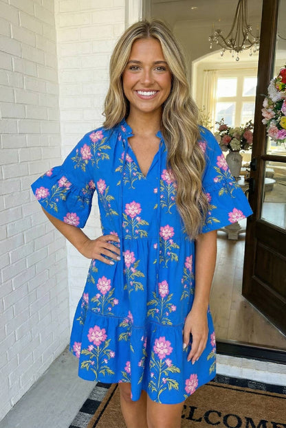 V Neck Short Sleeve Loose Flower Dress