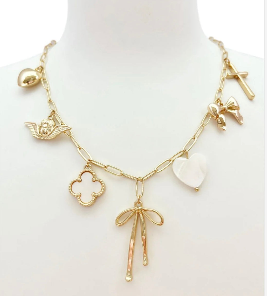 Gold Chain with Clover, Heart, Bow, Cross Charm 16