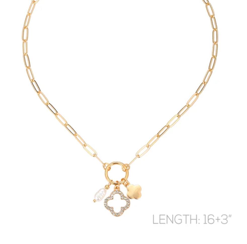 Gold Chain with Open Clover and Pearl Charm 16