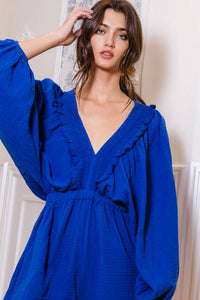 Adeline V-neck Ruffled Solid Woven Romper