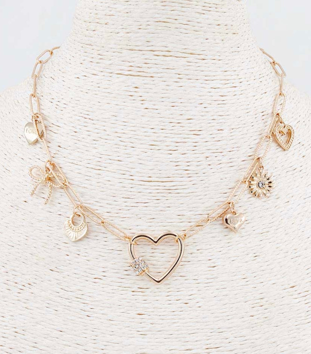 Gold Chain with Rhinestone Hearts and Bow Charms 16