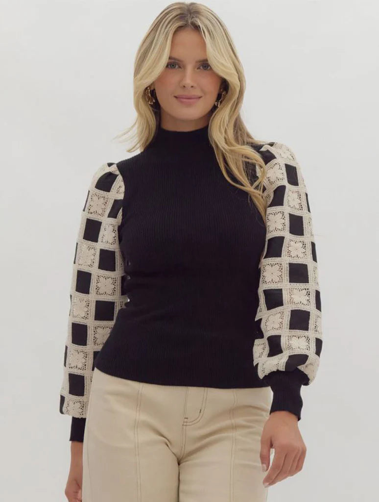 Mock Neck Sweater with Crochet Floral Overlay Long Sleeve