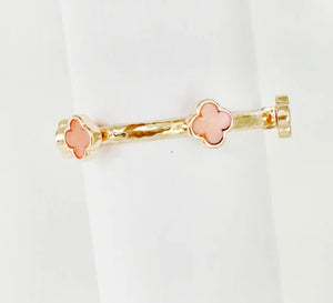 Gold Bracelet with Pink Natural Stone Clover Stretch Bracelet, Great for Stacking!