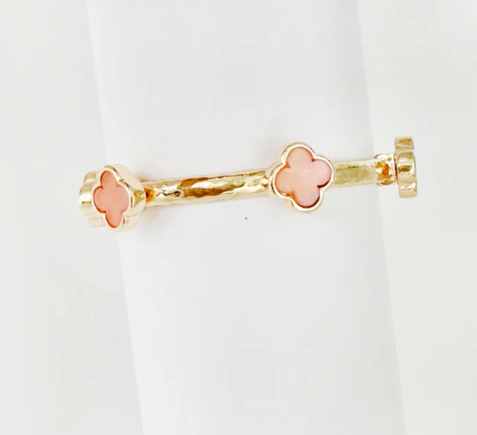 Gold Bracelet with Pink Natural Stone Clover Stretch Bracelet, Great for Stacking!