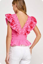 Load image into Gallery viewer, Barbie Embroidery Detail Ruffle Linen Top
