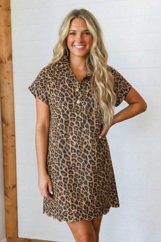 Western Buttoned Shift Leopard Dress with Pockets