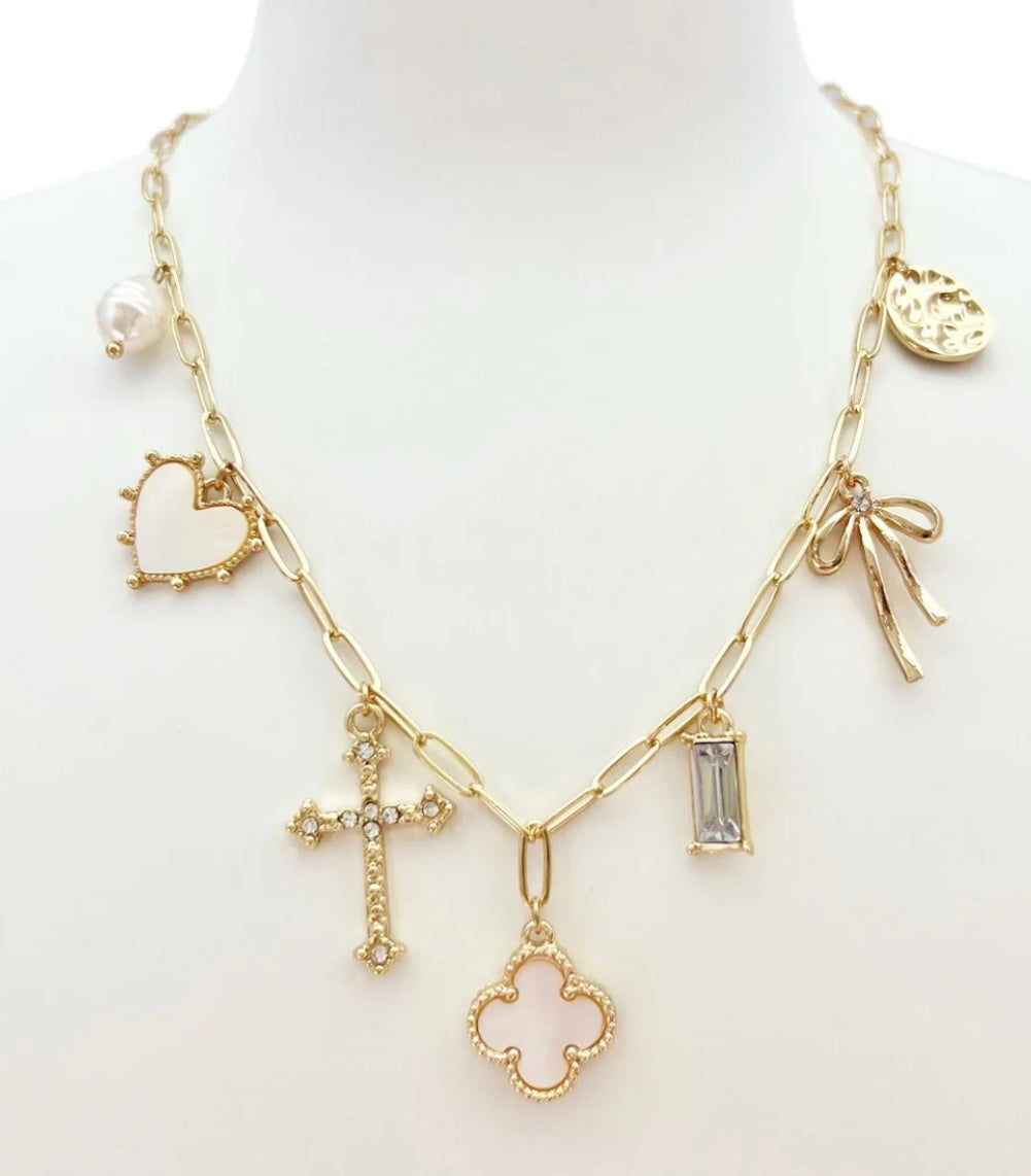 Gold Chain with Clover, Heart, Bow, Cross Charm 16
