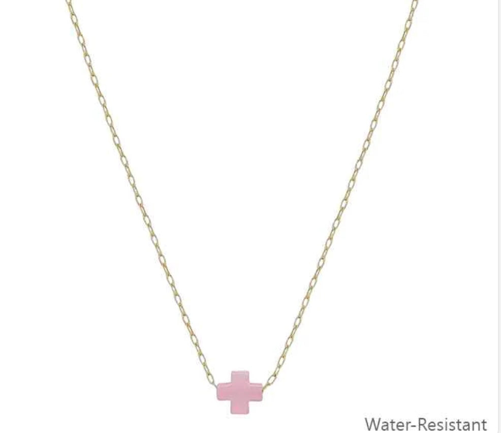 Water Resistant Gold Chain with Pink Resin Cross 16